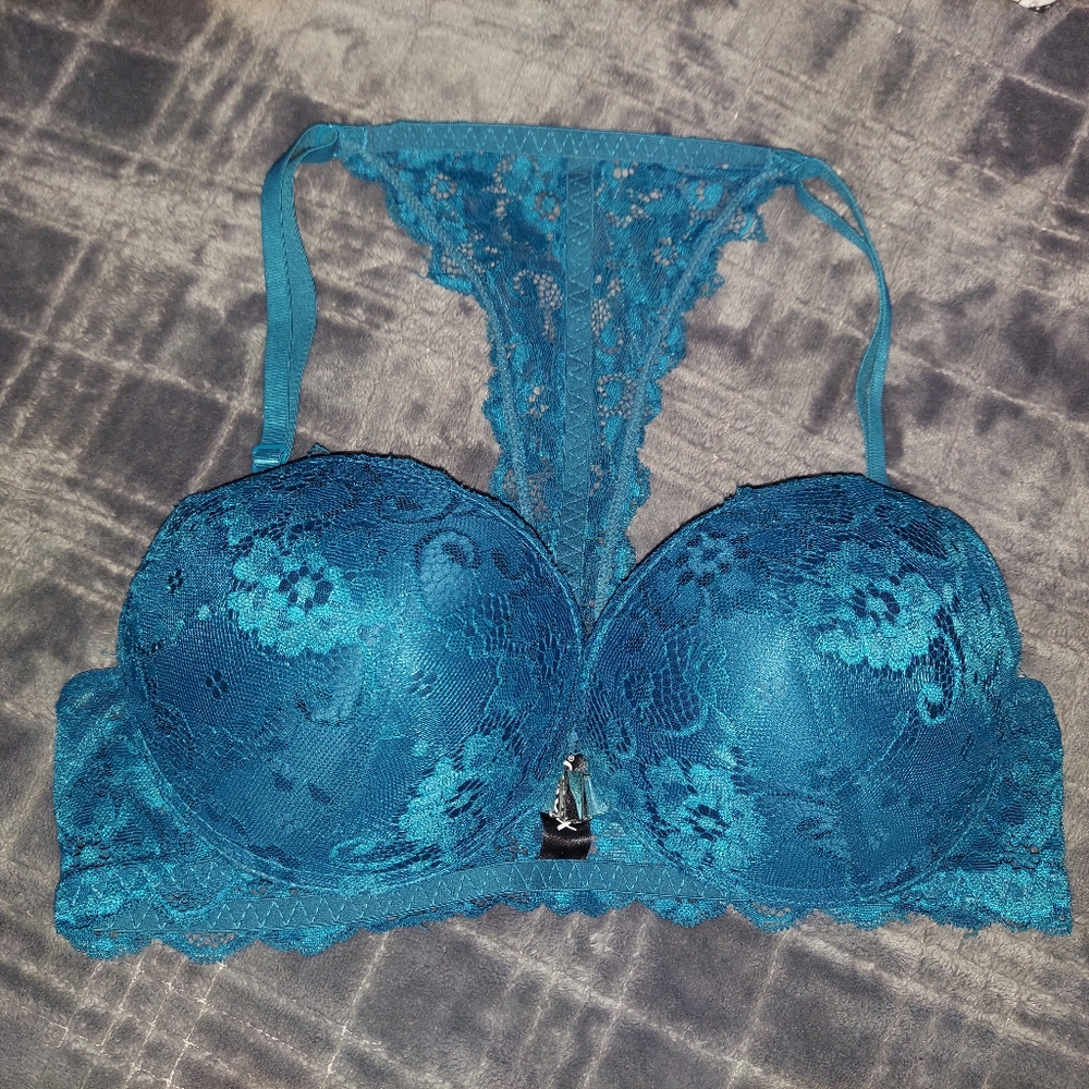 XOXO Racerback Push Up Bra, 34C, Ocean Blue Aqua Teal Floral Lace, NWOT